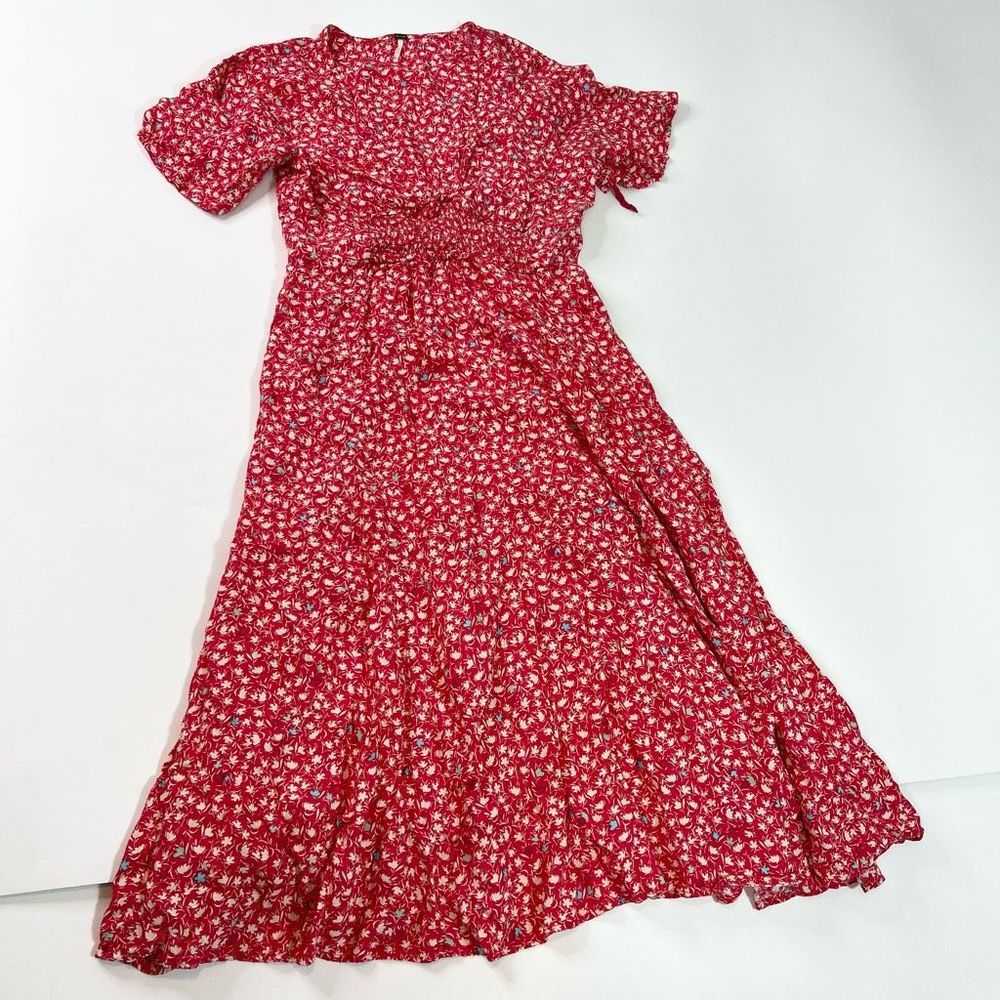 Free People In Full Bloom Midi Dress Womens Large Red Deep V-Neck Floral Smocked
